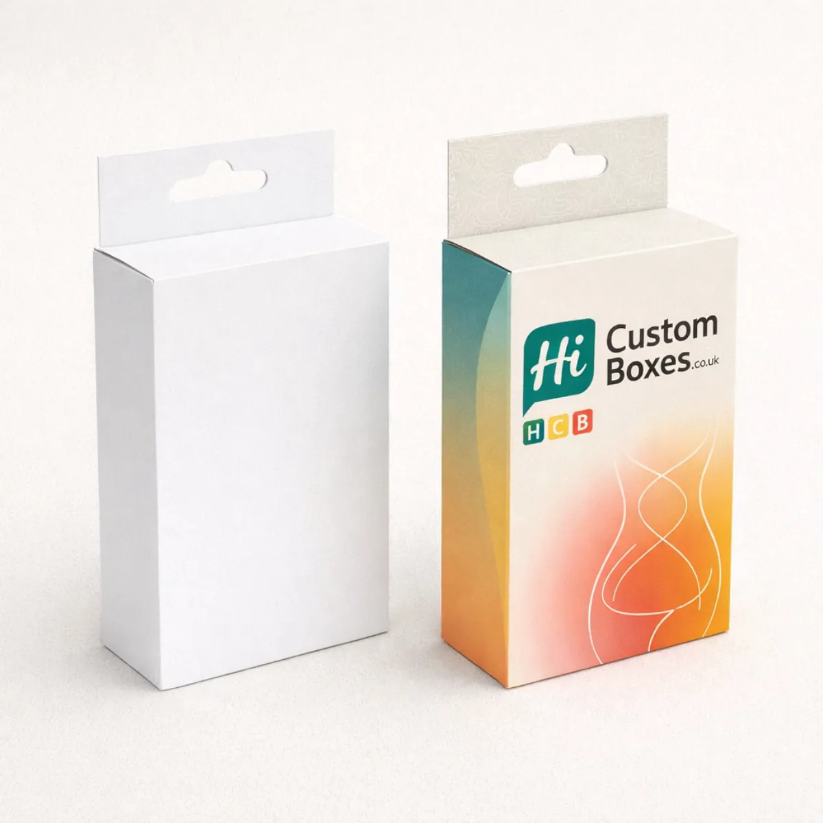 Two tall rectangular retail boxes with hanging tabs- featuring a colourful gradient and body-line illustration-